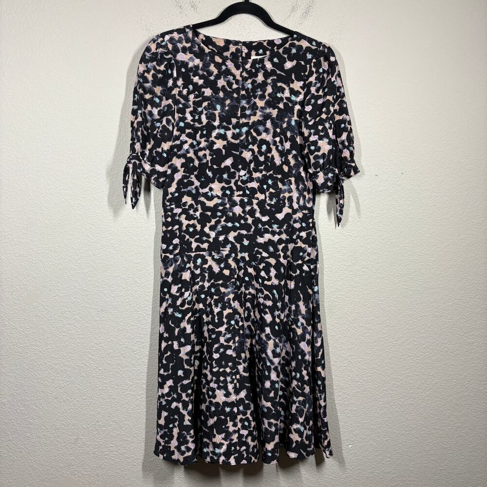 Rebecca Taylor 2 Fit & Flare Midi Dress Black Tan Silk Animal Print Tie Sleeves